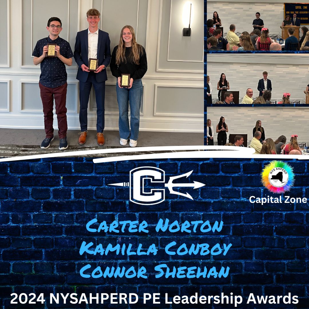 Columbia PE: Congratulations to our 2024 NYS AHPERD Capital Zone Secondary PE Leadership Award Winners; Carter Norton, Kamilla Conboy and Connor Sheehan! These three have done an amazing job all year long demonstrating leadership, respect and civility amongst their peers!