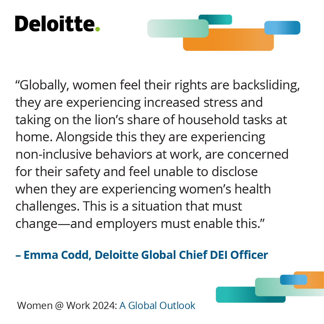 Now in its fourth year, the report explores the experiences of 5,000 women in workplaces across 10 countries, examining persistent workplace and societal challenges—from #MentalHealth to safety concerns, and more #WomenAtWork24

deloi.tt/4aUAF2H