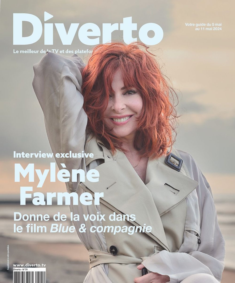 .Mylène Farmer, resplendissante, est la star cover du nouveau numéro de @Diverto_off ! 😄 .Avec une interview exclusive, à l’occasion de la sorti de #BlueEtCompagnie le 8 mai au cinéma. #MylèneFarmer @paramountfr