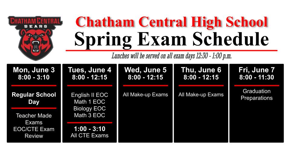 CCHS Spring 2024 Exam Schedule! #BearDown #Onechatham