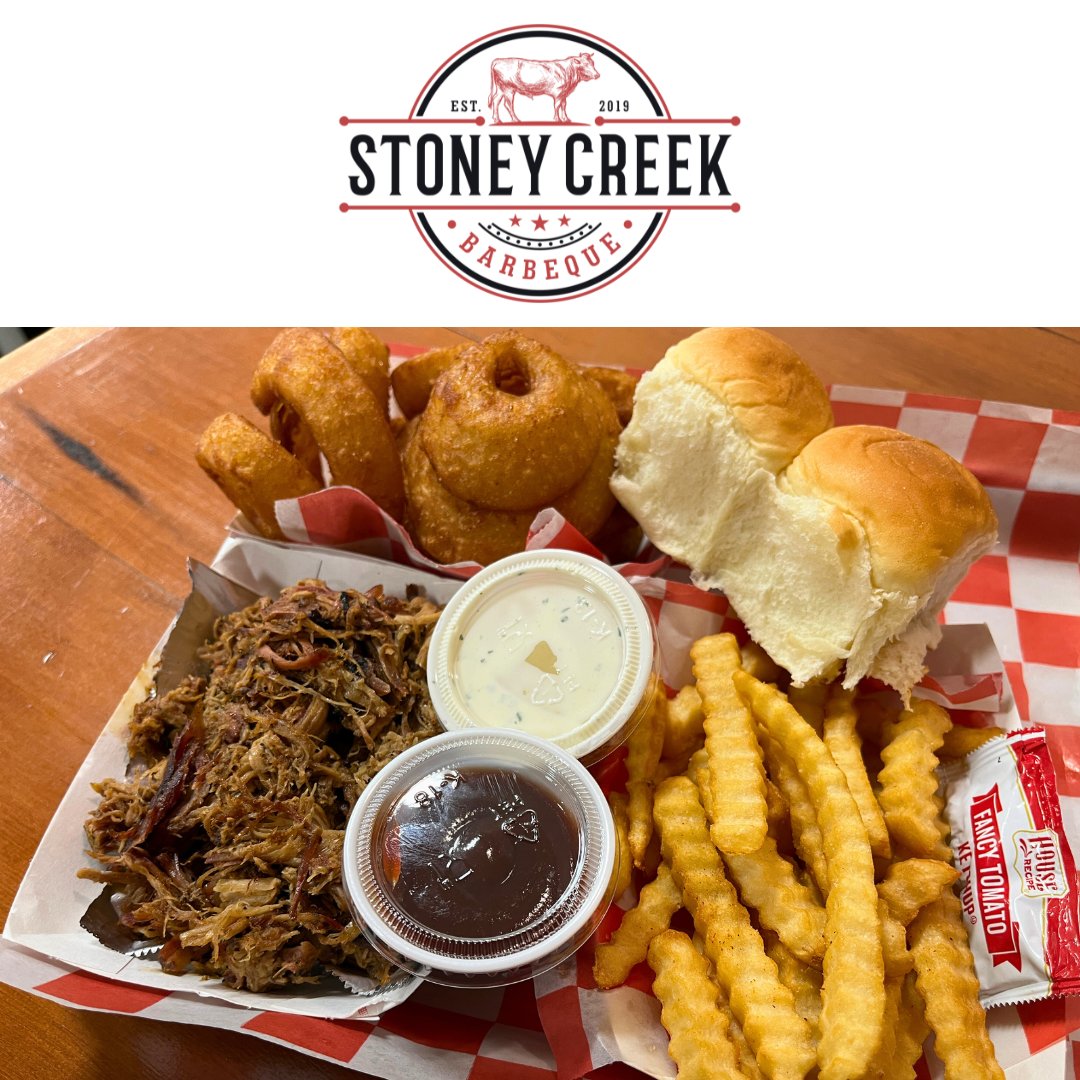 Try our delicious Pulled Pork Dinner Combo. Comes with bread & your choice of two sides: chili beans, coleslaw, potato salad, fries, onion rings, or Mexican rice.

#DinnerCombo
#PulledPork
#BBQ
#LowAndSlow
#StoneyCreekBBQ
#Porterville
#WorthTheDrive
#Dinner