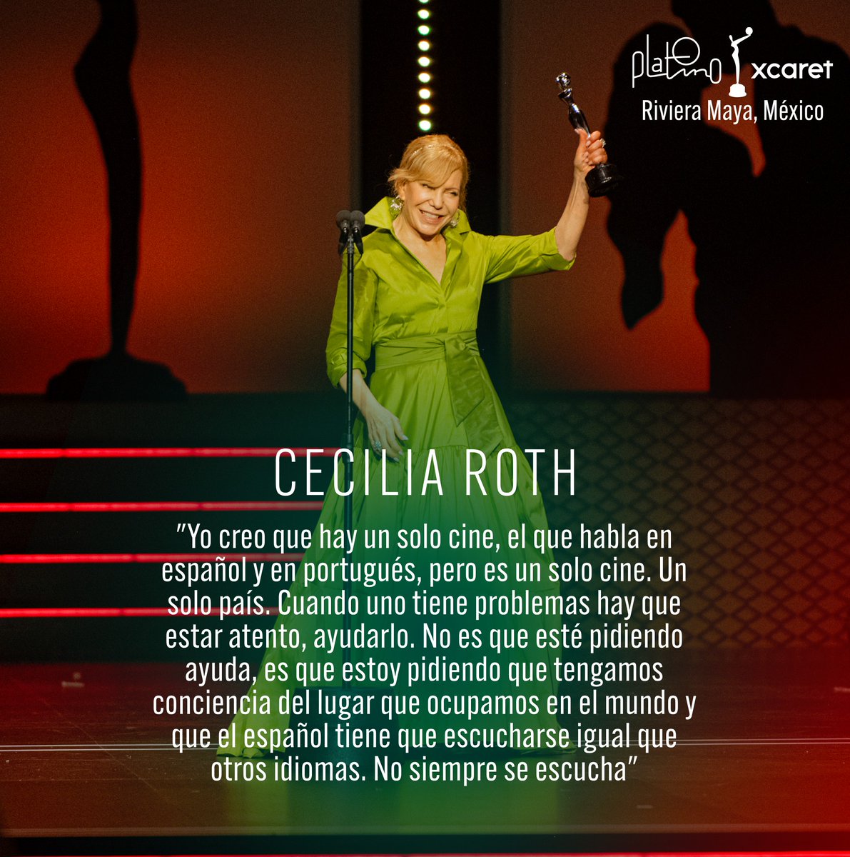 Deja un ❤️ por el cine en español, y comparte para que se escuche más fuerte 🎬 Cecilia Roth Premio PLATINO de Honor 2024 #PlatinoXcaret #RivieraMaya