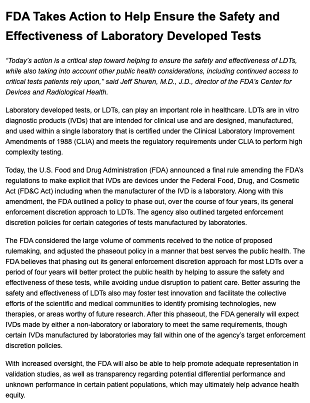 davidwest_irl's tweet image. It's official: the FDA has released it's final rule on LDTs.