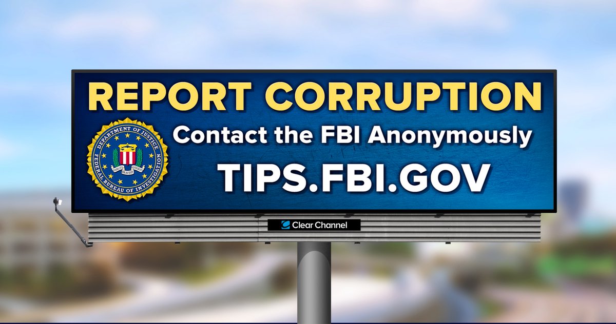 Public corruption costs the U.S. government and the public billions of dollars each year. If you have information about public corruption, contact the FBI anonymously: 1-800-CALL-FBI or submit a tip to ow.ly/4MyE50Rr4kB. Learn more: ow.ly/cNIv50Rr4kC