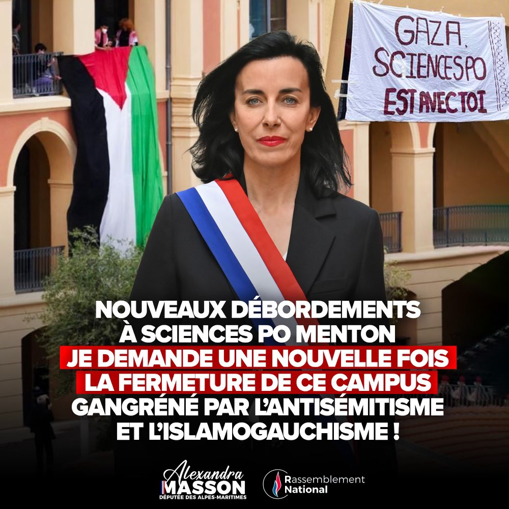 🔴 FERMONS SCIENCES PO ! 

Suite aux nouveaux débordements à #SciencesPo Menton, je demande un nouvelle fois le fermeture de ce campus gangréné par l’antisémitisme et l’islamogauchisme !