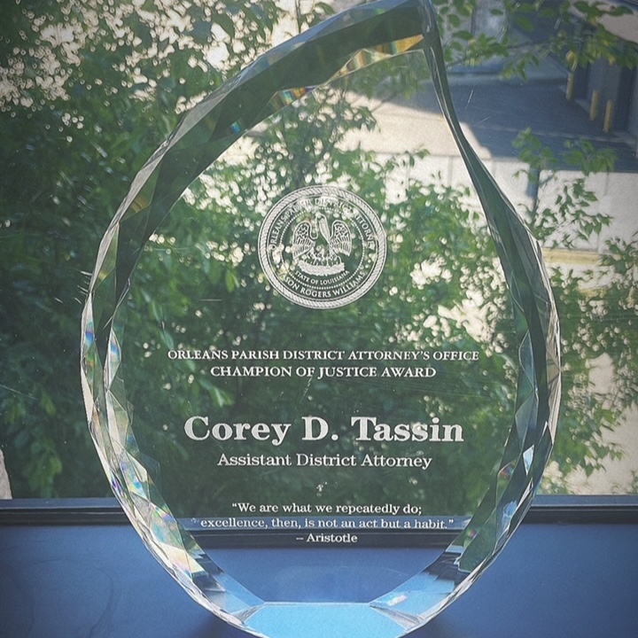 We want to highlight alumnus, Corey Tassin, on winning the 'Champion of Justice' award at the Orleans Parish District Attorney’s Office! Congratulations! #SULC #Justice #AnalysisMatters