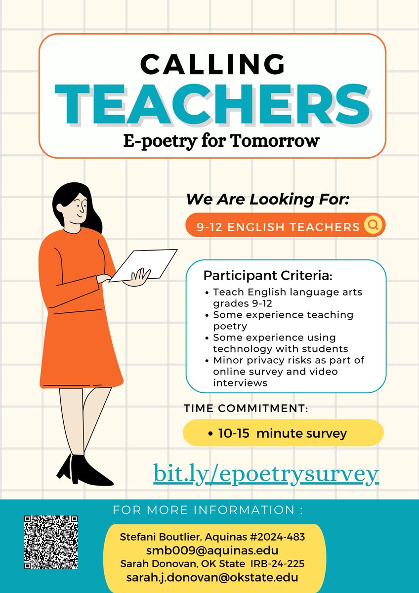 ELA teachers:
We want to know your expertise and support in understanding poetry and technology in #englishlanguagearts.
 See the flyer and survey: bit.ly/epoetrysurvey &amp; please share out. #poetrymonth #poetry #edtech #ELAteachers #epoetry @SarahJDonovan9