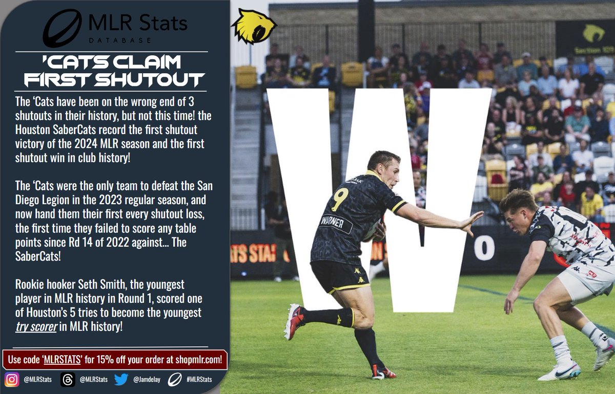 The @HOUSaberCats claim the first shutout victory of #MLR2024, and their first in club history! They've really had the @SDLegion's number over the last few years... #MLRStats #MLR #SaberCatsRugby #VoteSaberCats