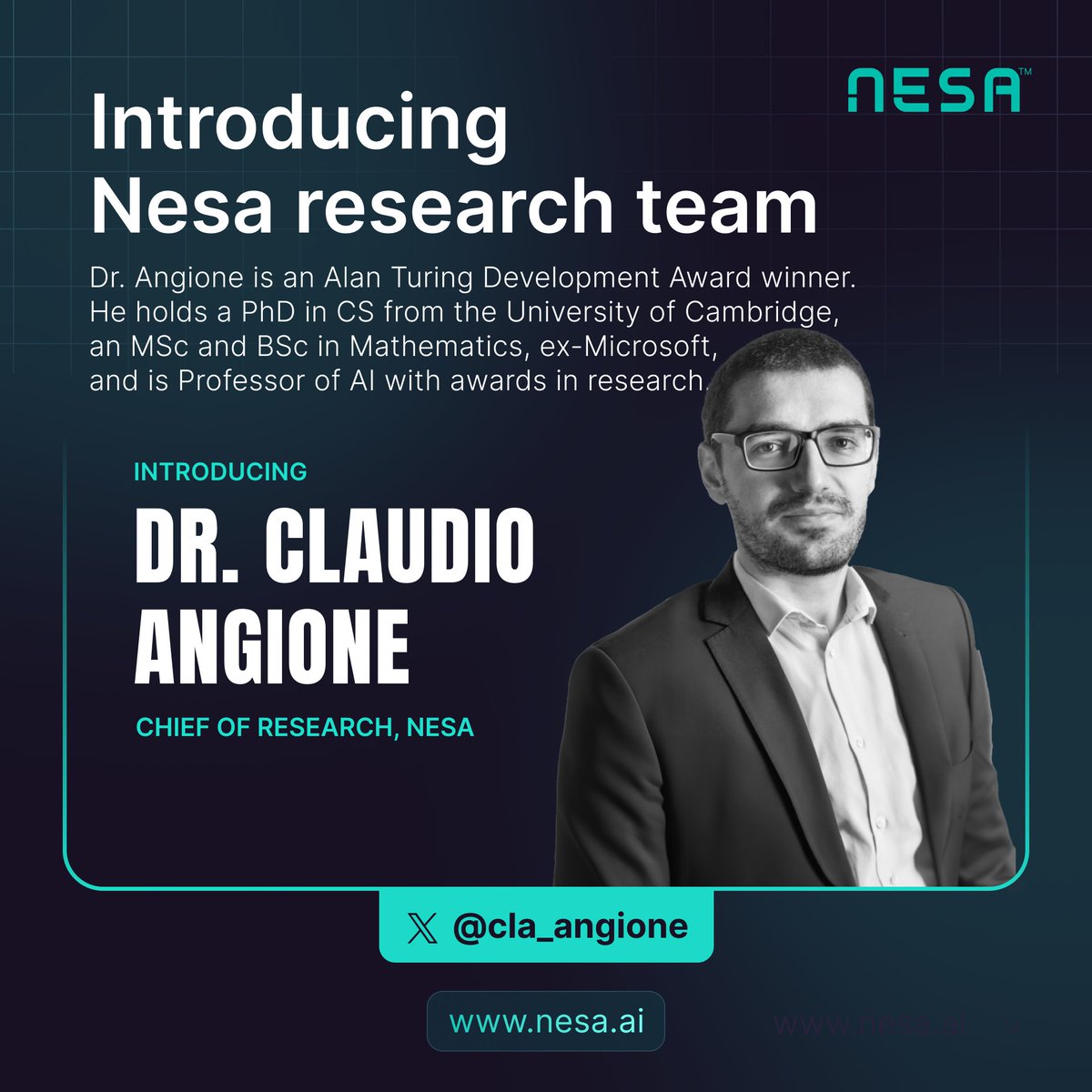 Introducing Chief of Research at Nesa, Dr. Claudio Angione. Dr. Angione is a recipient of the prestigious Alan Turing Development Award which he received for his work in AI in 2022. He holds a PhD in Computer Science from the University of Cambridge, an MSc and BSc in…