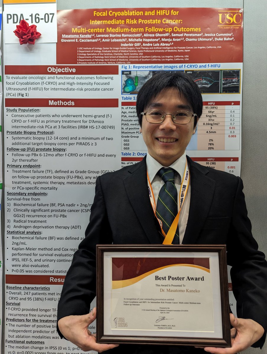 Masatomo Kaneko (@kanekomasatomo) on Twitter photo Proud that our multicentric medium term outcomes of focal therapy for prostate cancer has received the Best Poster Award <a href="/JUA2024/">第111回日本泌尿器科学会総会(公式)JUA2024 Official</a> ! Heartfelt thanks to PI <a href="/ALDCAbreu/">Dr Andre Abreu</a> and Profs. Gill, Peretsman, Ukimura, and Bahn, team, and the JUA society for the tremendous support. <a href="/USC_Urology/">USC Urology</a> Proud that our multicentric medium term outcomes of focal therapy for prostate cancer has received the Best Poster Award <a href="/JUA2024/">第111回日本泌尿器科学会総会(公式)JUA2024 Official</a> ! Heartfelt thanks to PI <a href="/ALDCAbreu/">Dr Andre Abreu</a> and Profs. Gill, Peretsman, Ukimura, and Bahn, team, and the JUA society for the tremendous support. <a href="/USC_Urology/">USC Urology</a>