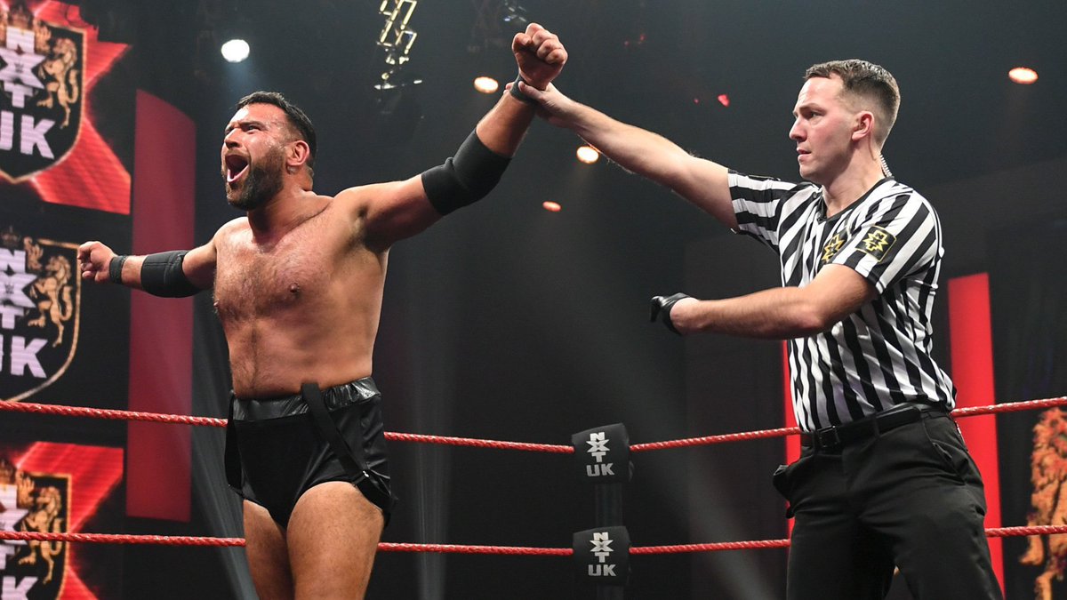 April 29, 2021: At the BT Sport Studios, @Shasamuels rebounded from last week's tag team loss with Noam Dar to Mustache Mountain by defeating @LeviMuir in singles competition with a ring-rattling spinebuster. #NXTUK 📸 WWE