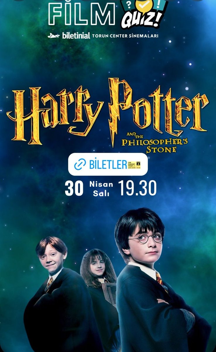 Yarın akşam, Harry Potter'ın ilk filmini sinemada tekrar gösterip, sonrasında eğlenceli bir quiz etkinliği düzenliyoruz. Meraklısına... biletinial.com/tr-tr/sinema/h…