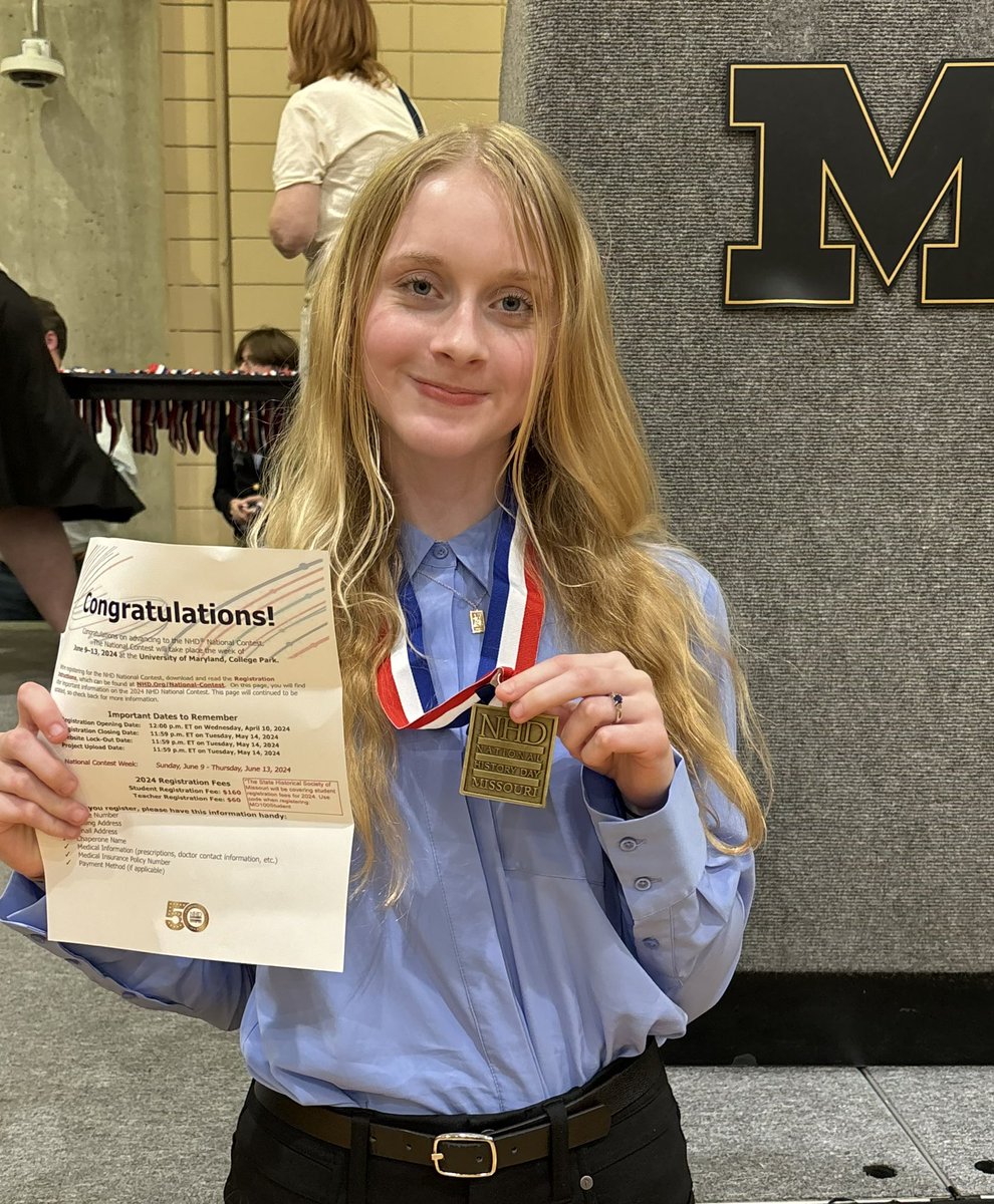 Seventh grader, Rylie Diehl placed 1st in Junior Division Individual Documentary at the National History Day contest at MU this weekend! She will now advance to Nationals this summer! @SVMSEagles @LIBERTYSCHOOLS #lpsleads