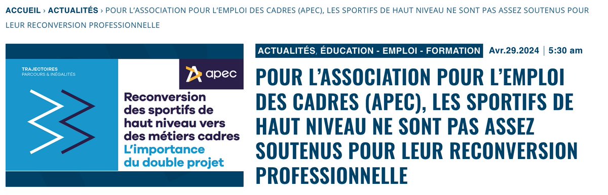 Si l’affirmation d’offrir un double projet, sportif et scolaire/professionnel constitue une particularité du système sportif français, pour l’ @Apecfr , l’accès des sportifs de haut niveau aux métiers d’encadrement et de responsabilité reste insuffisant. Malgré des améliorations…