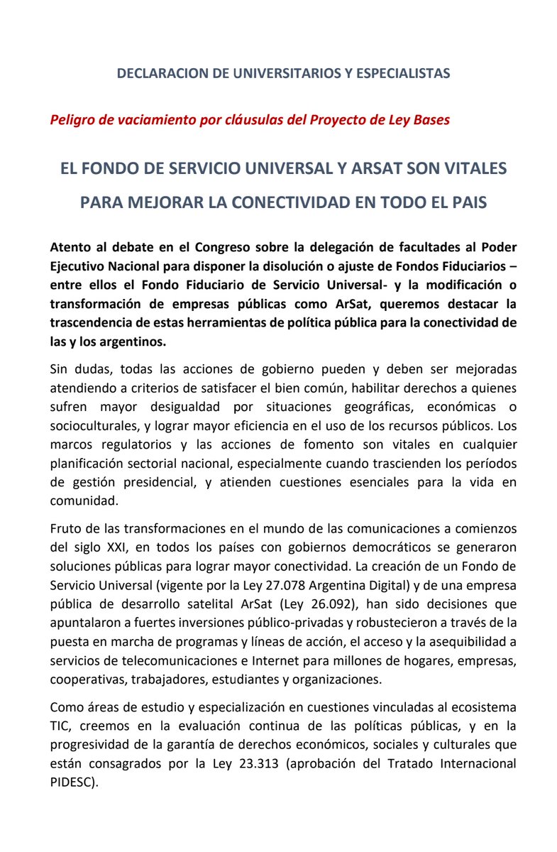 UnlpCatedra's tweet photo. Más de 15 redes, instituciones universitarias y especializados en TIC, alertamos sobre Fondo de Servicio Universal y ARSAT, vitales para la conectividad.
Si aprueban el Proyecto de Ley Bases, el Gobierno podrá cercenar empresas públicas como Arsat y fondos fiduciarios como el FSU https://t.co/zj54EjXC8a
