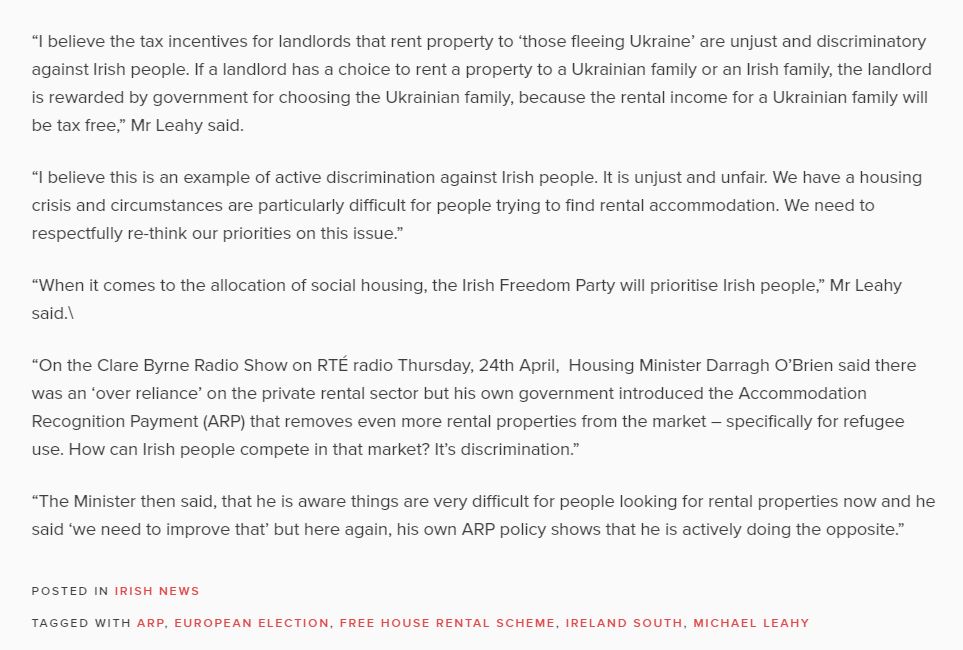 “I believe the tax incentives for landlords that rent property to ‘those fleeing Ukraine’ are unjust and discriminatory against Irish people. If a landlord has a choice to rent a property to a Ukrainian family or an Irish family, the landlord is rewarded by government for