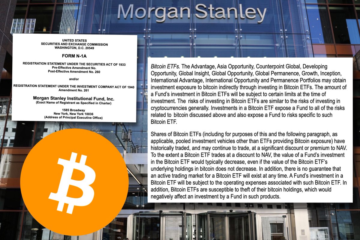 LATEST ‼️ - Morgan Stanley has filed with the SEC to allow for Bitcoin ETF exposure for 12 of its funds.

Morgan Stanley has 15,000+ brokers.🤯

#Bitcoin 🚀🚀🚀