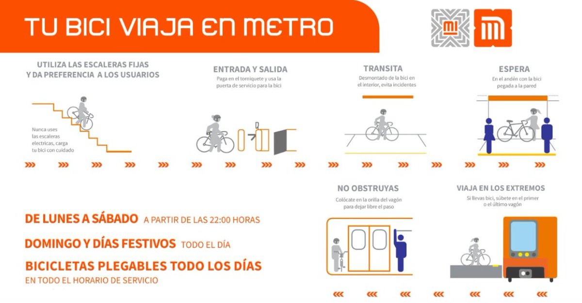 Hoy tu bici viaja en Metro de 7:00 a 24:00 horas; toma en cuenta las siguientes medidas de seguridad 👉🏼 bit.ly/2oaq26U 🚴🏻‍♀️🚴🏻‍♂️