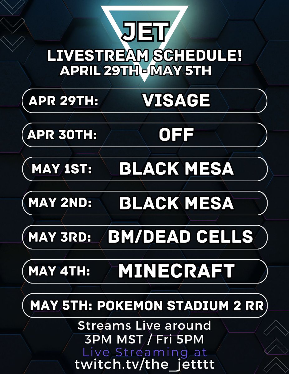 🛫Apr 29th - May 5th 🛫

🔴twitch.tv/the_jetttt

#TwitchStreamers #MineCraft #Pokemon #CommunityEngagement