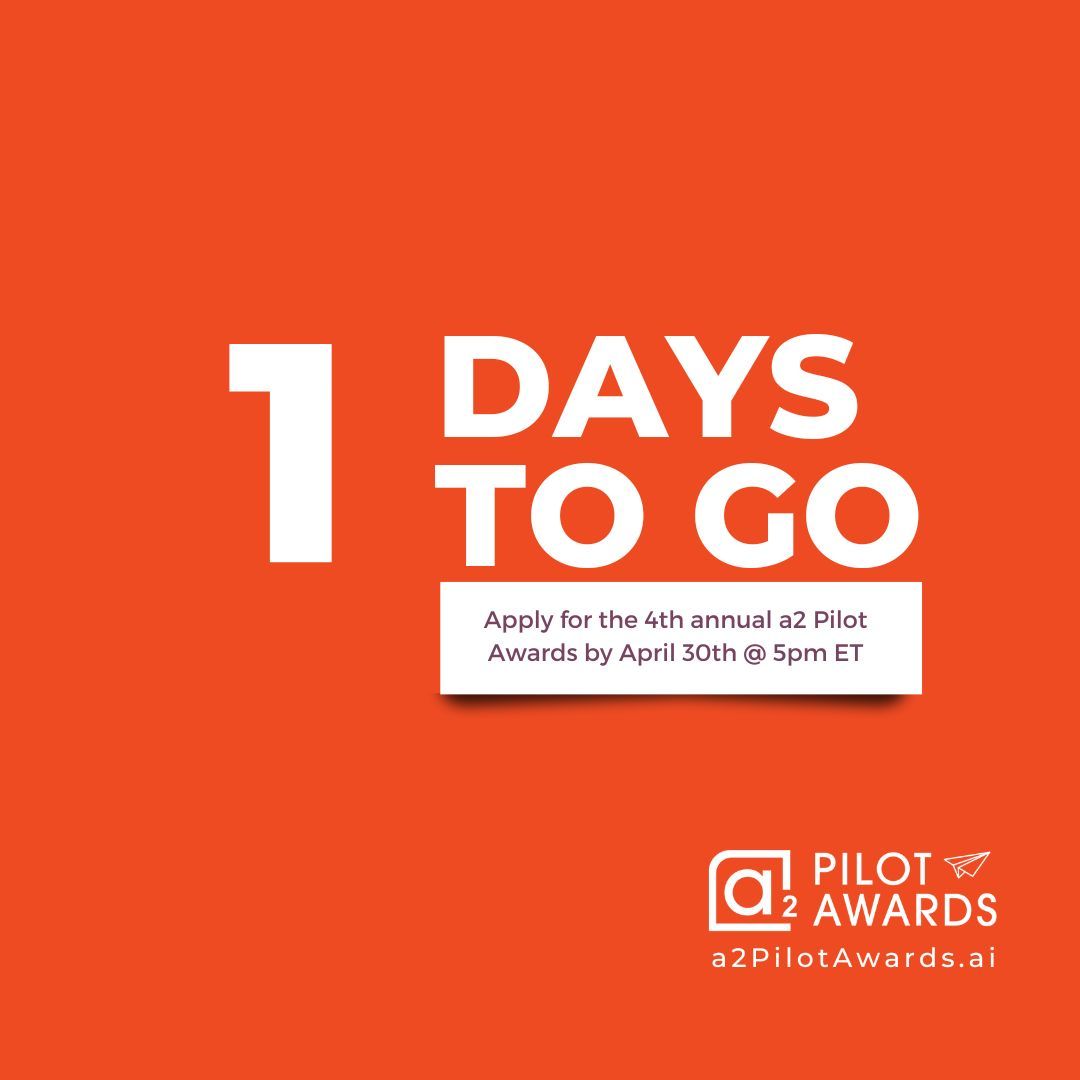 1 day left to 📩 for Round 1: Still have questions? Check out our recently updated FAQs at bit.ly/3Vjot6G. The #a2PilotAwards.ai application deadline is tomorrow! #AI #agetech @JH_AITC @MassAITC @pennaitech #dementia