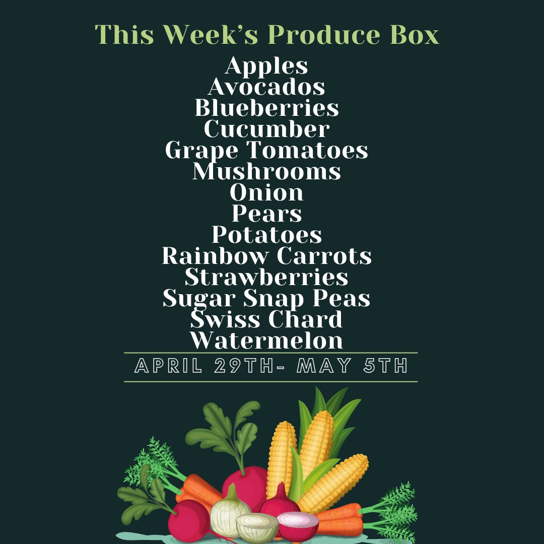 Here is the list of fresh fruits and vegetables that will be included in this week's Produce Box! 🥦🥕🍅 One box - 3 prices - pay what you can. $50, $35, or $25 orangevillefoodbank.org/produce-markets