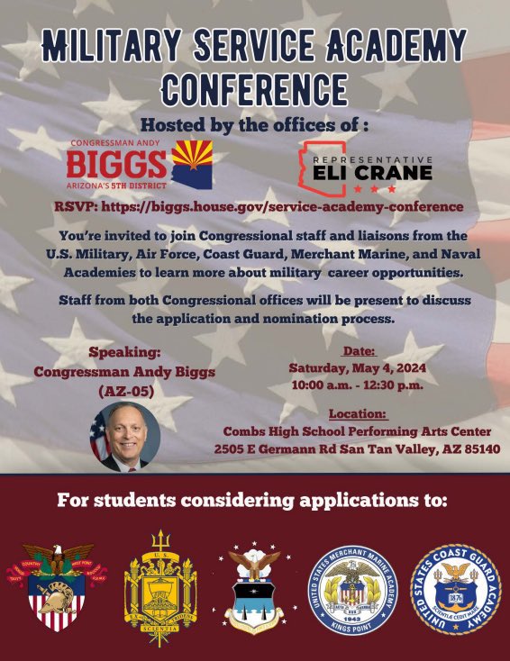 SATURDAY: I’ll be hosting a Military Service Academy Conference with @RepEliCrane’s office this Saturday from 10:00 am to 12:30 pm at Combs High School Performing Arts Center. RSVP Here: 📌 tinyurl.com/yc25zhs8 I hope to see you there!