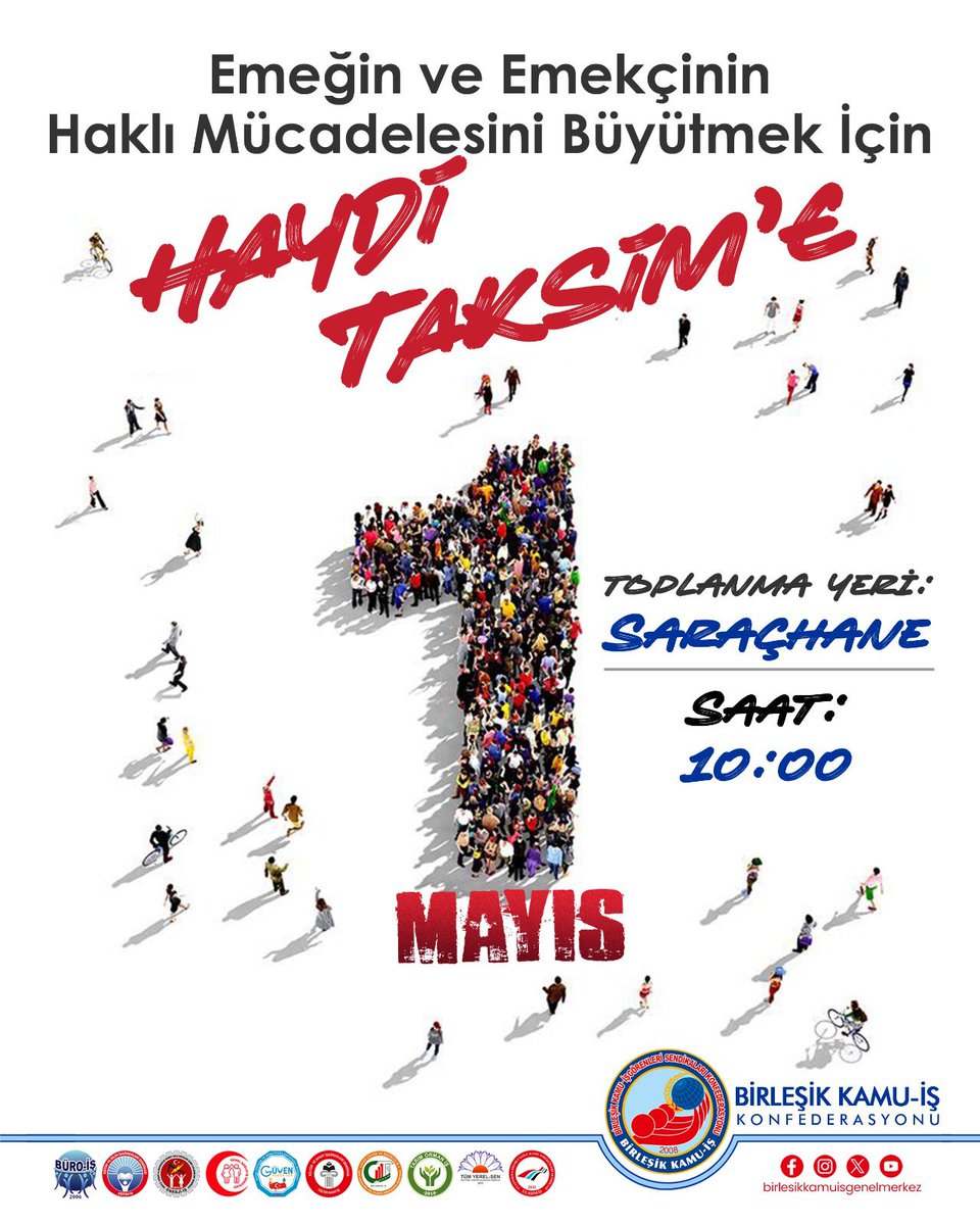 1 Mayıs’ta Ekmeğimizi büyütmek için, İnsanca yaşamak için, 1 Mayıs’ta tüm emekçileri, Taksim’e yürümek üzere Saraçhane’de buluşmaya çağırıyoruz. Taksim’de buluşmaya davet ediyoruz. #Saraçhane #HaydiTaksime #1MayıstaHerkesTaksime