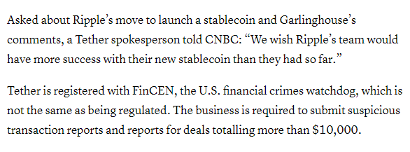 Wow, Tether throwing immense shade at #Ripple's stablecoin announcement: “We wish Ripple’s team would have more success with their new stablecoin than they had so far.” cnbc.com/2024/04/04/cry…