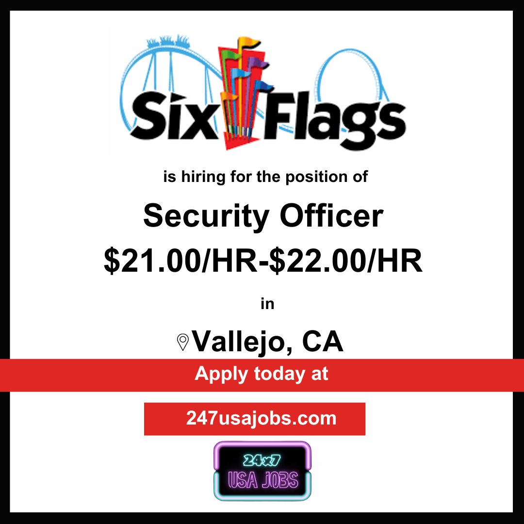 🛡️ Job Alert! 🛡️ Ready to be a hero of fun in Vallejo, CA? Six Flags is hiring Security Officers! If you're vigilant, customer-focused, and ready to protect the thrills, apply now! #NowHiring #SecurityOfficer #VallejoCA #SixFlags