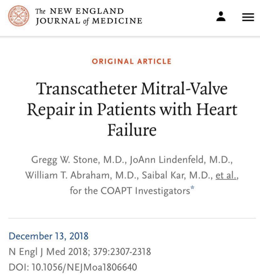 MitraClip for mitral regurgitation? This landmark trial showed benefit in functional MR. Functional MR = MR not caused by a primary valvular pathology, but from a secondary cause (eg from papillary muscle tethering or annular dilation in HFrEF). COAPT Trial, NEJM 2018 ♥️