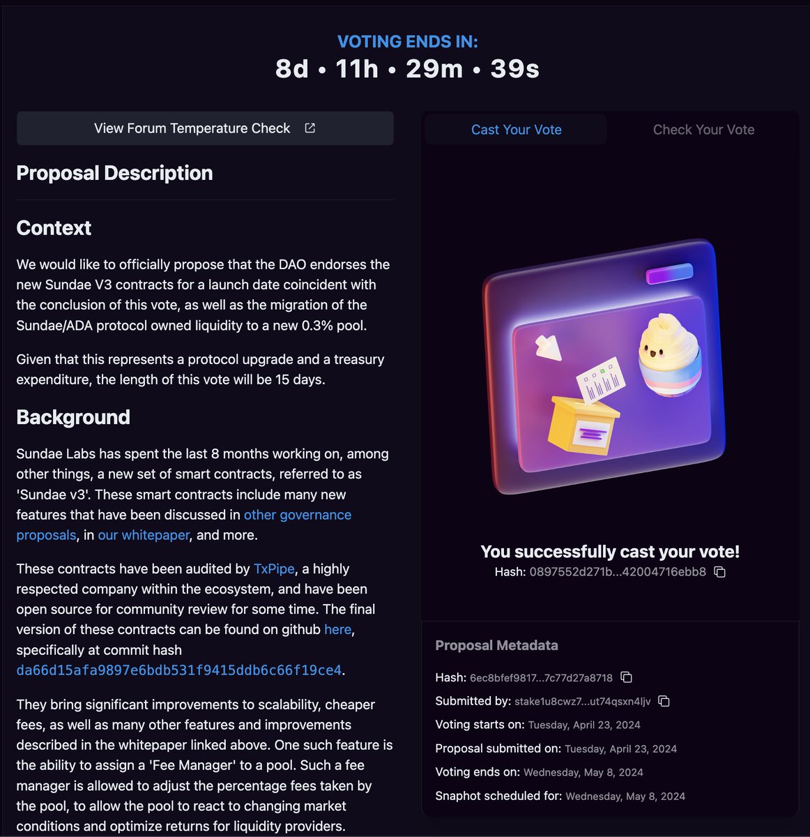 CAST YOUR VOTE 📣 @SundaeSwap's DAO vote to transition officially to Sundae V3 is ongoing. Sundae V3 will bring new features to SundaeSwap, including some exciting scalability improvements. Go vote today 👇