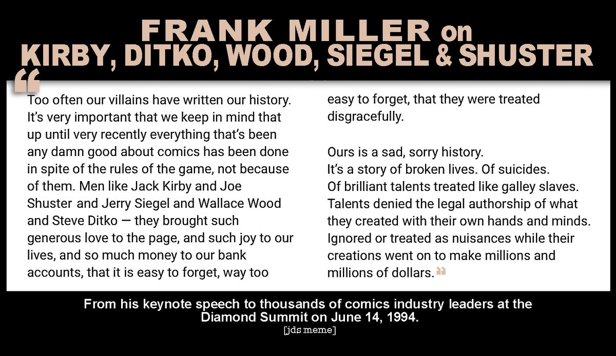 #FrankMILLER on #JackKIRBY, #SteveDITKO, #WallyWOOD, #SIEGELandSHUSTER
From his keynote speech to thousands of comics industry leaders at the Diamond Summit, June 14, 1994.