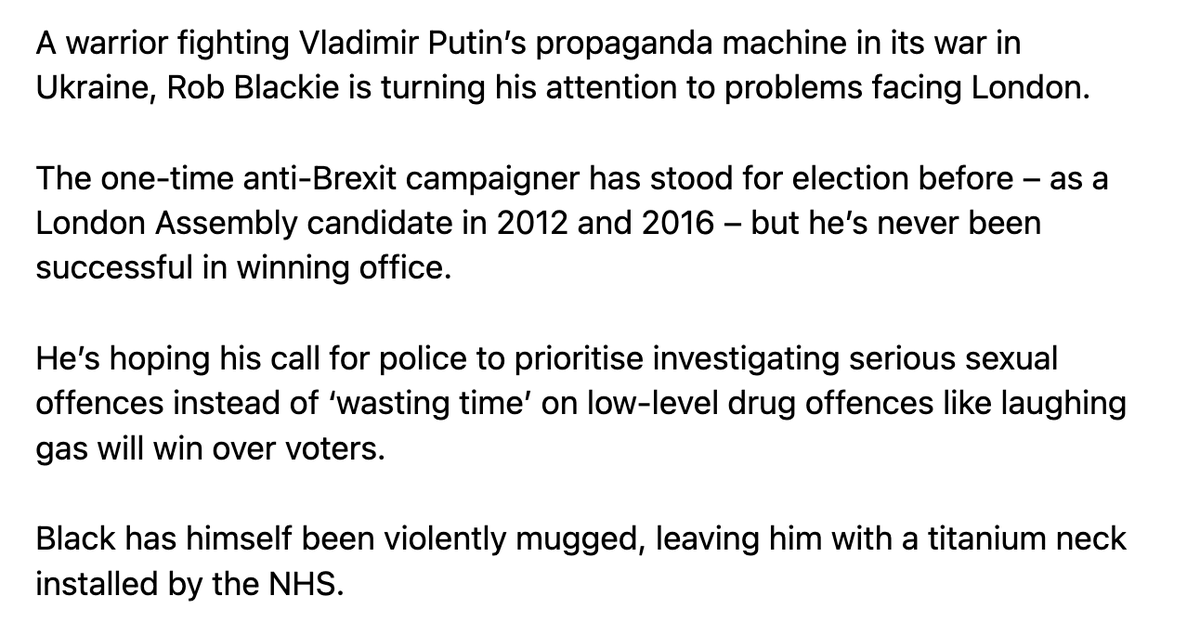 robblackie's tweet photo. Metro: "A warrior fighting Vladimir Putinโs propaganda machine in its war in Ukraine, Rob Blackie is turning his attention to problems facing London." https://t.co/Sd4eE9w4D9