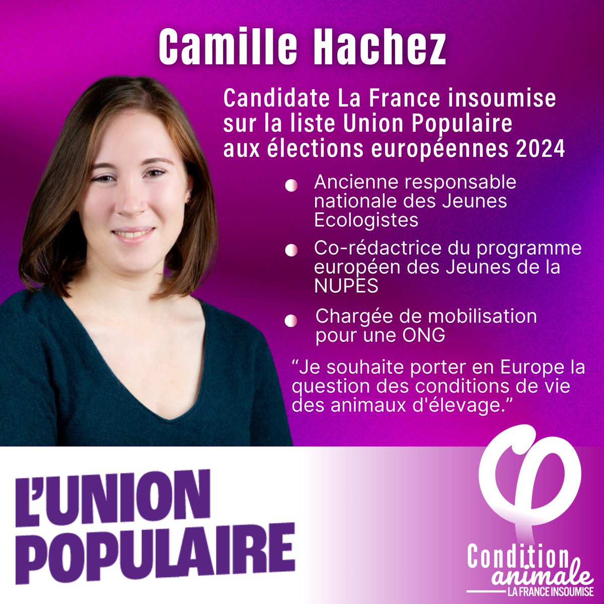 🐥 @Camille_Hachez candidate pour l’#UnionPopulaire aux #Europeennes2024 Ancienne responsable des jeunes écologistes, elle souhaite porter en Europe la question des conditions de vie des #animaux d’élevage. Nous sommes ravi.es de la compter sur notre liste !