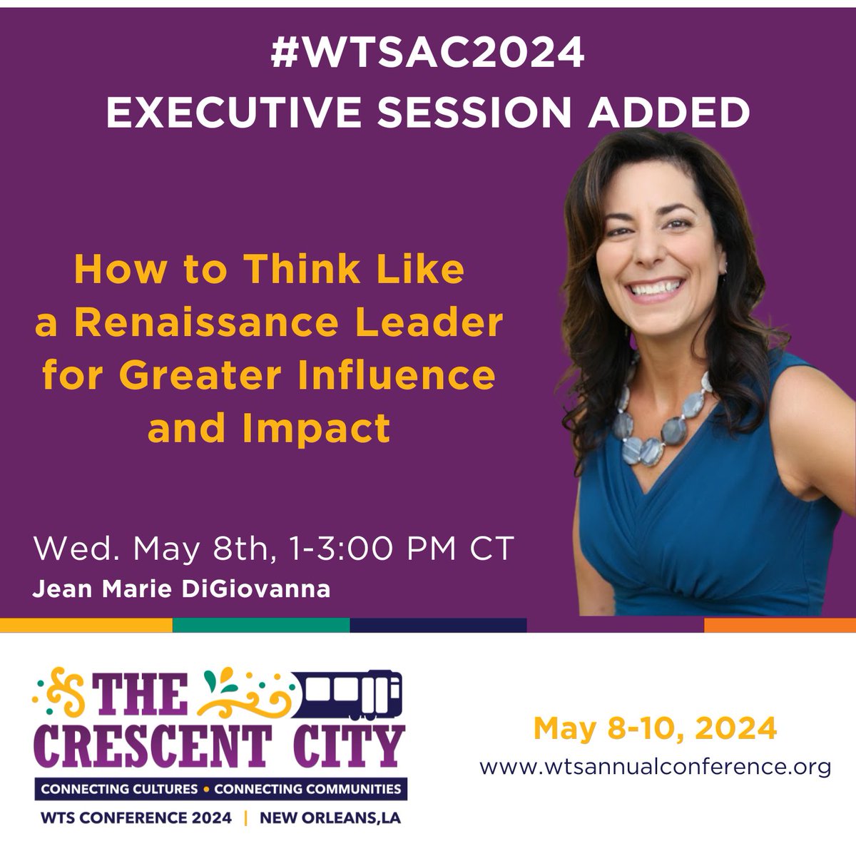WTS Executive Members: Make sure you attend the special interactive #WTSAC2024 session with author, keynote, and leadership educator Jean Marie DiGiovanna! Find out more at wtsannualconference.org/pre-conference…