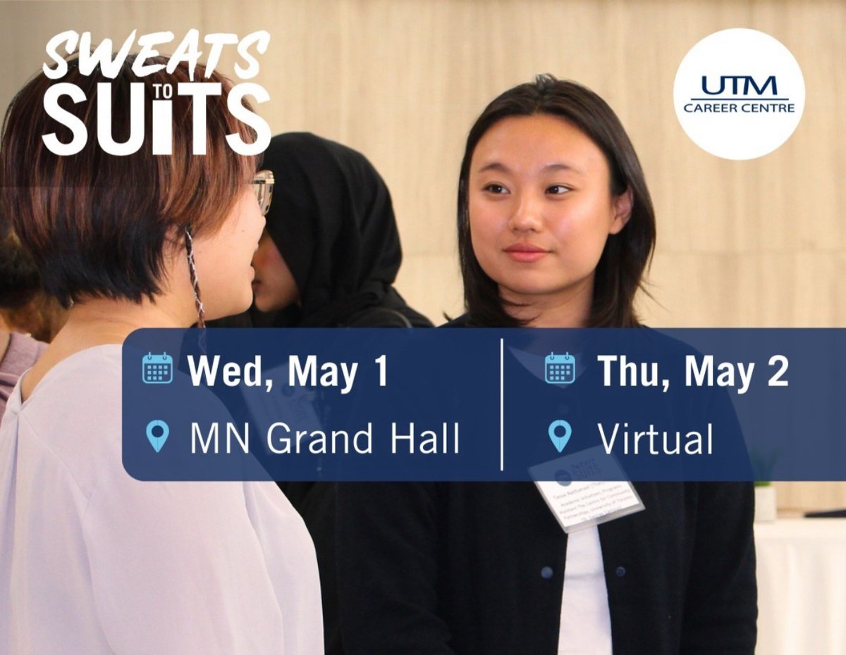 Are you ready to launch your career? #UTM's Sweats to Suits is a 2-day conference (Day 1: In-person, Day 2: Virtual) to support graduating students & recent grads from all programs of study. Develop job search skills to support your transition. More 💼 bit.ly/49TdZ1J