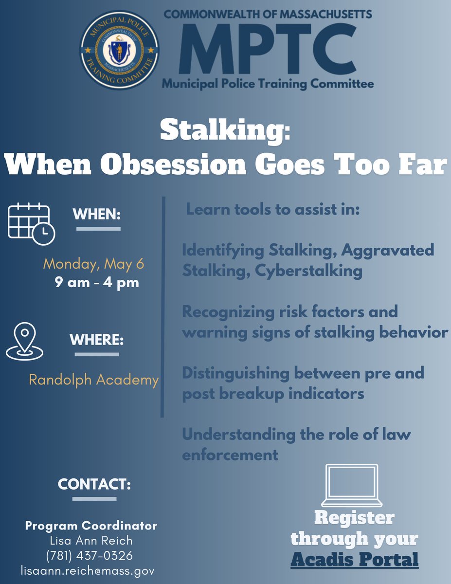 Join us next week at the MPTC Randolph Academy for a specialized training, Stalking: When Obsession Goes Too Far. Learn to identify behaviors, assess risk factors, and respond to this serious issue. 💻Sign up through your acadis portal: mass.gov/mptc-acadis-tr…