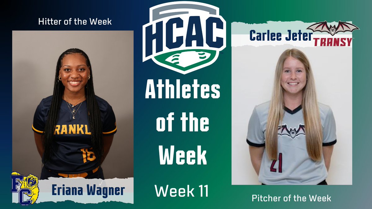 HCAC Softball | Athletes of the Week Congrats to the Softball Athletes of the Week: Hitter: Eriana Wagner, @FCGrizAthletics Pitcher: Carlee Jeter, @TransySports Full Release: tinyurl.com/tw326whw #TheHeartofD3 | #D3Softball