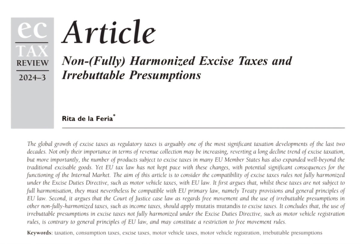 New article🚨! Across Europe, excise taxes are growing and now apply to a wide range of products: from motor vehicles, to high-sugar products. Yet only a fraction of these are harmonised at EU level. What legal standards should apply to all other non-harmonised excise taxes?