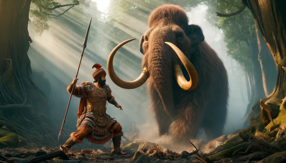 Crazy imagination - King Porus fighting a woolly mammoth!