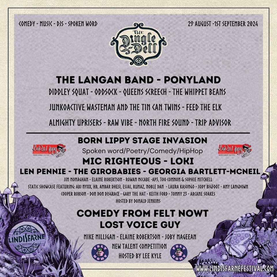PILGRAMS! One of your fave stages! It’s the Dingle Dell lineup! @TheLanganBand and #Ponyland headlining with some Lindi faves up next! 

💜 Also, a @BornLippyNE invasion and comedy from @FeltNowt and @LostVoiceGuy!!!!! Wowzas man!!! #festival #comedy #music #bands #lineup