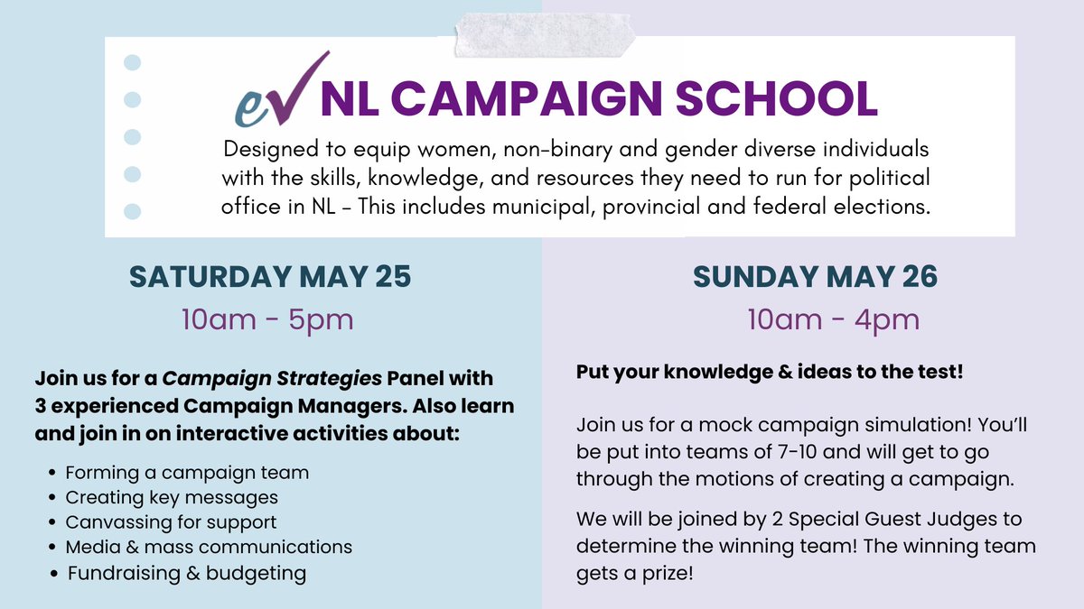 Want to learn more about municipal, provincial, and federal campaign strategies? Join us and 9 Guest Speakers for an in-person Campaign School & Mock Campaign Simulation on Saturday May 25 & Sunday May 26 in DT St. John's! Learn more and register today: equalvoice.ca/nlcs