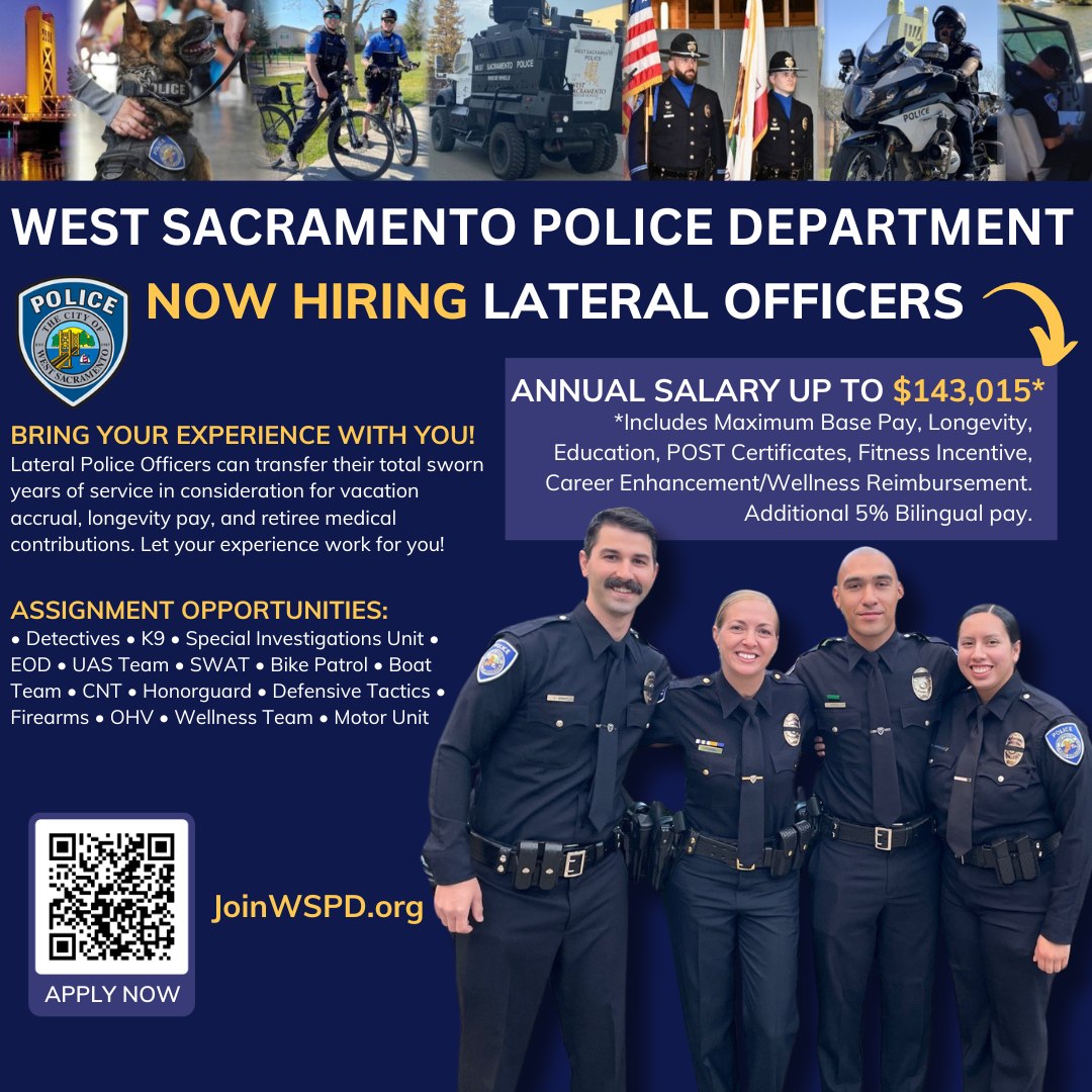 👮Ready to make a difference? Join the West Sac PD team! @WestSacPD is seeking passionate individuals to join as police officers at every level. Apply now at joinwspd.org #JoinWSPD Please share!