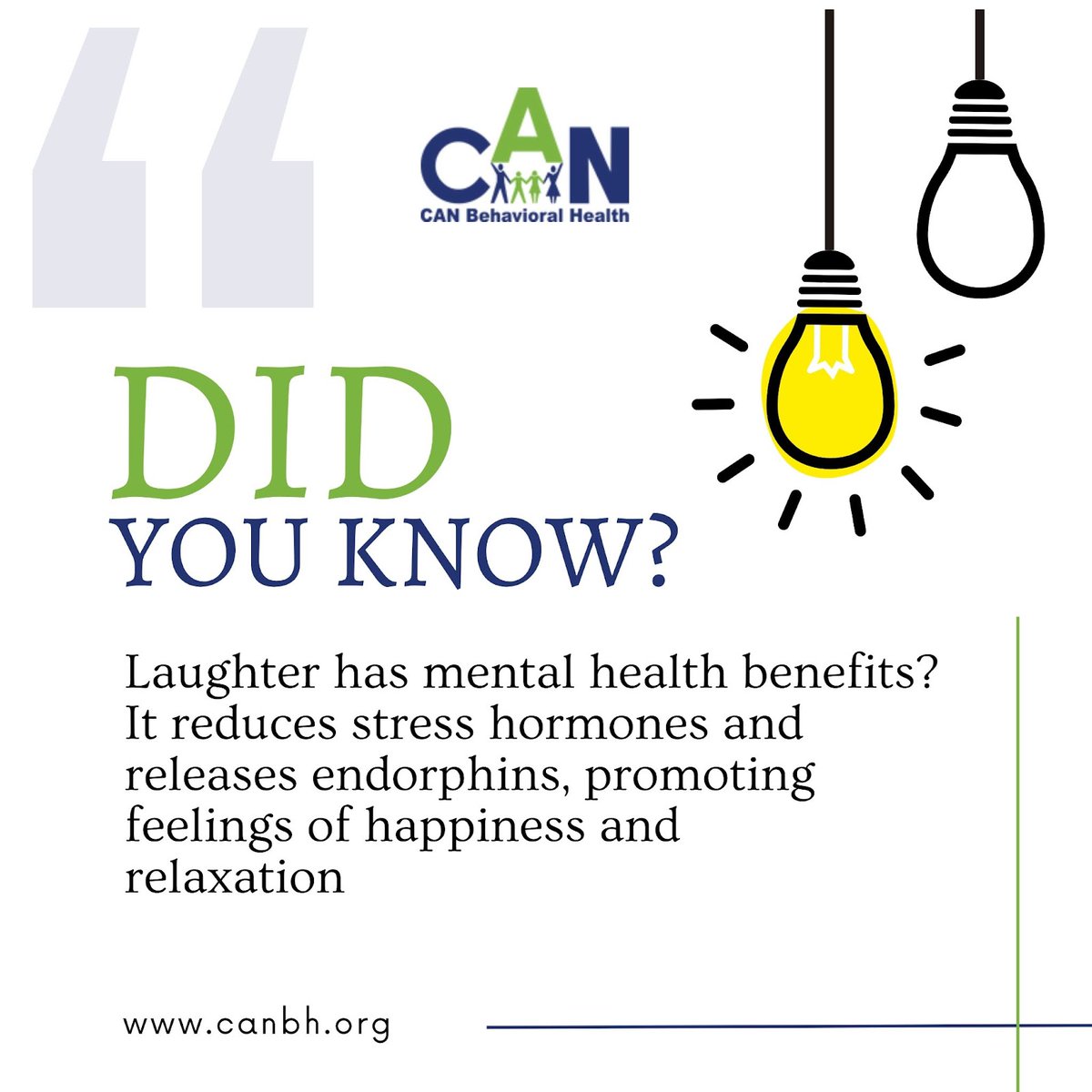 Laughter isn't just good for the soul, it's great for your mental health too! 😄 By reducing stress hormones and releasing endorphins, laughter promotes happiness and relaxation.
----
Learn more at canbh.org
.
#MentalHealthAwareness #BreakTheStigma #WellnessMatters