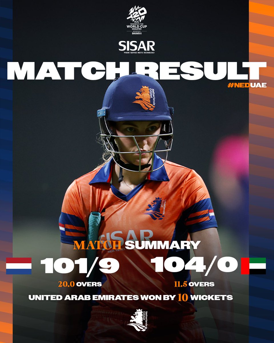 𝗡𝗼𝘁 𝗼𝘂𝗿 𝗻𝗶𝗴𝗵𝘁 😕 UAE beat us by 10 wickets. From now on, focus on our next game 🫡 Thank you for your support 🧡 #kncbcricket #kncbwomen #t20worldcup #t20wcq #sisar #hcl #icc #NEDUAE