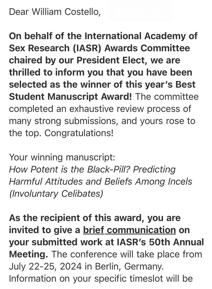 Very pleased to have been selected as the winner of the Best Student Manuscript Award from the @TheIASR Thanks to @DebbyHerbenick @LisaDiamondLab and all at the International Academy of Sex Research. Looking forward to now giving a talk at #IASR2024 in Berlin!