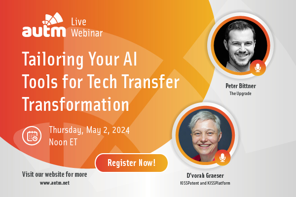 Unlock the power of AI in tech transfer with our upcoming webinar! Learn how to customize AI tools to enhance your office's unique processes and goals. To learn more and register visit: bit.ly/3wat01h #TechTransfer #AI