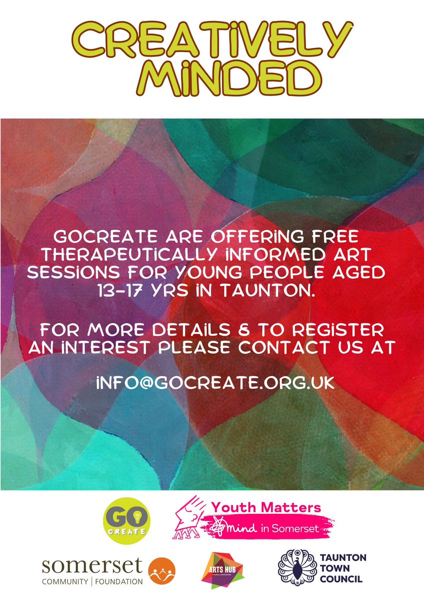 We are pleased to announce that we will be offering therapeutically informed creative sessions at @ArtsHubTaunton for young people aged 13-17 yrs who may benefit from it within a small group setting. This project is in collaboration with @MindinSomerset #YouthMatters