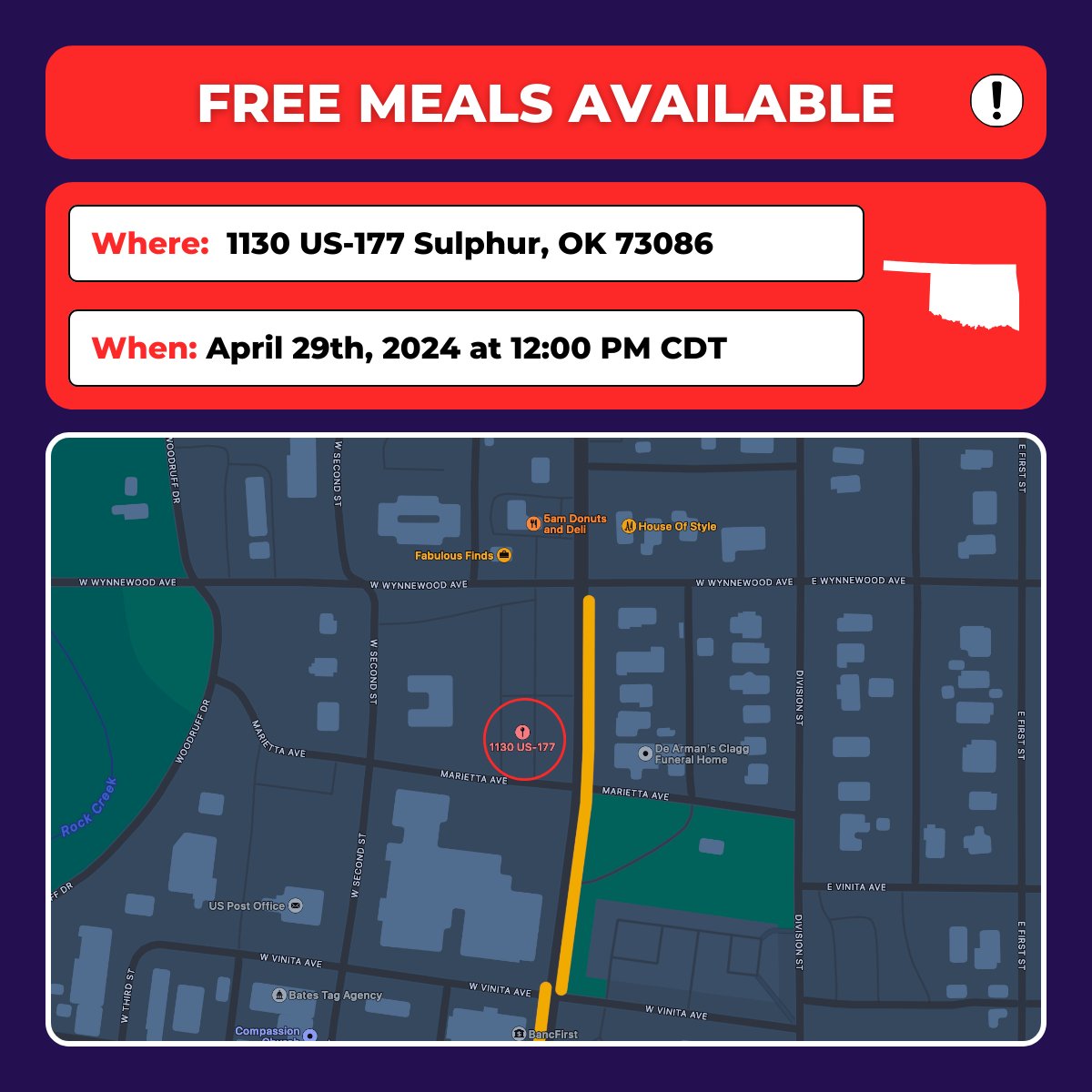 🍔Free Hot Meals Available🍔 @ChrisHallWx and @MarcoPatriotsHQ are set up and cooking in Sulphur, OK. Everyone in town is welcome!
