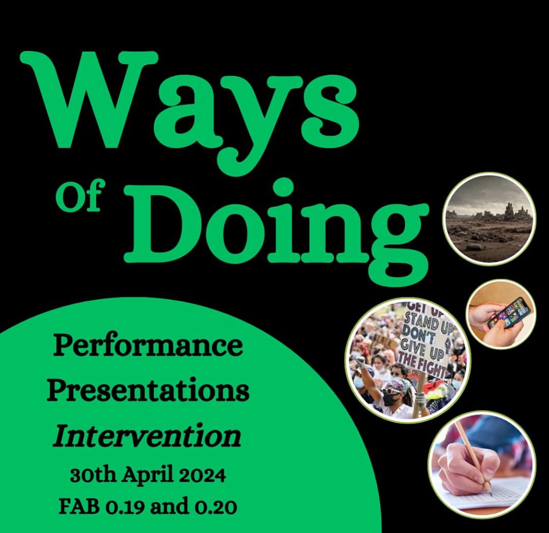 Tomorrow our second years will be showcasing their final performances as part of their core module, Ways of Doing. They’ve developed pieces which act as an intervention into a world issue they feel strongly about. 10am-4pm tomorrow, good luck and congratulations second years!